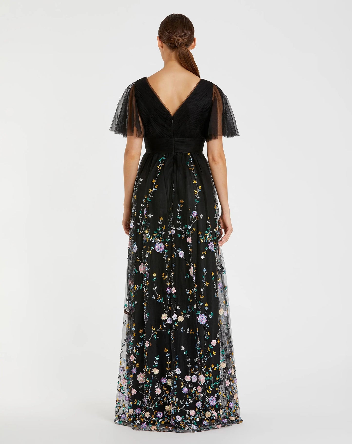 Black Embroidered Butterfly Sleeve Empire Waist Dress
