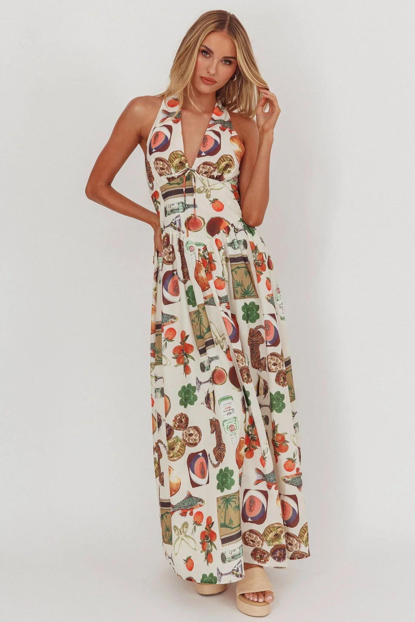Clarette Basque Waist Open Back Maxi Dress Exotic Beige