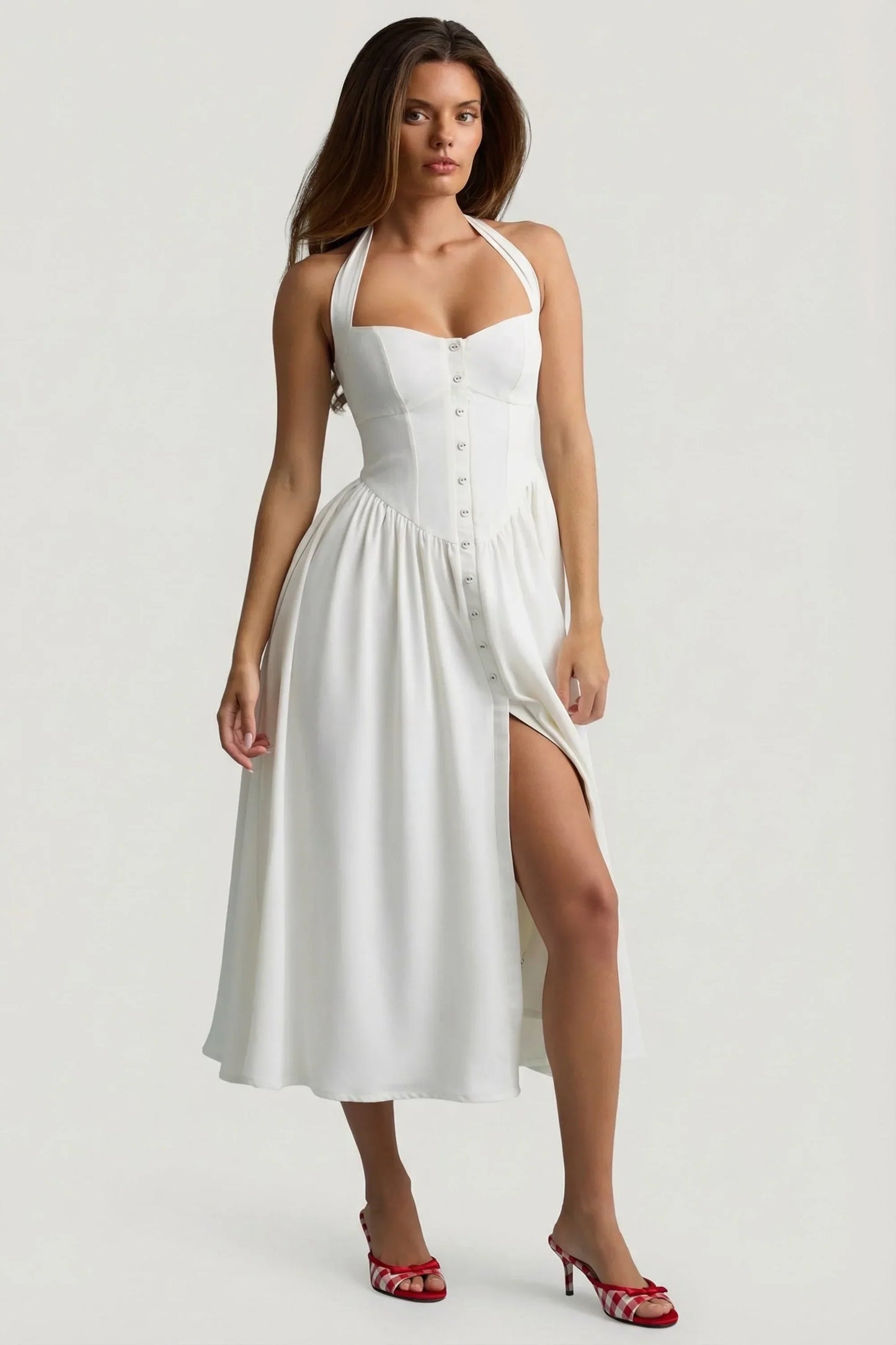 Button-Detail Halterneck Midaxi Dress in White