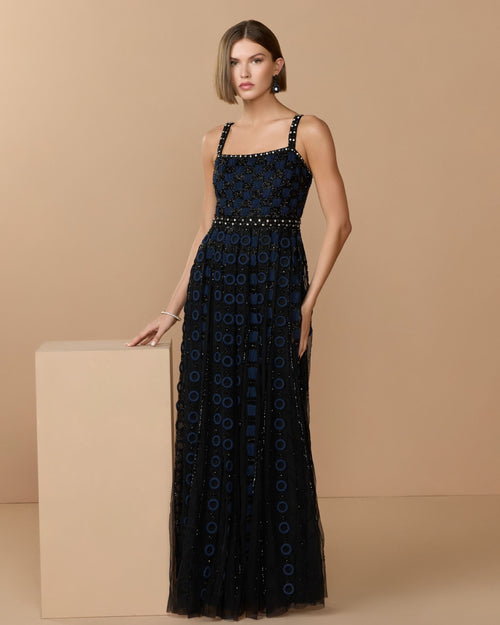 Black and Navy Sleeveless Embellished A-line Gown