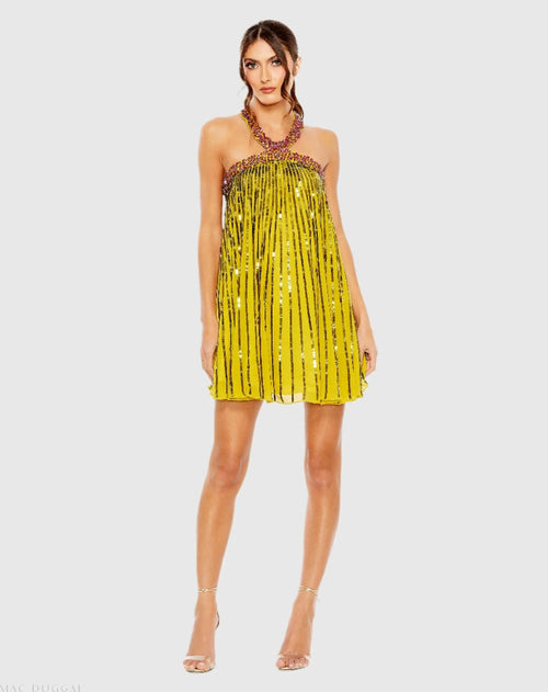 High Neck Open Back Embellished Trapeze Dress