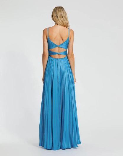 Blue Pleated High Low Rosette Gown
