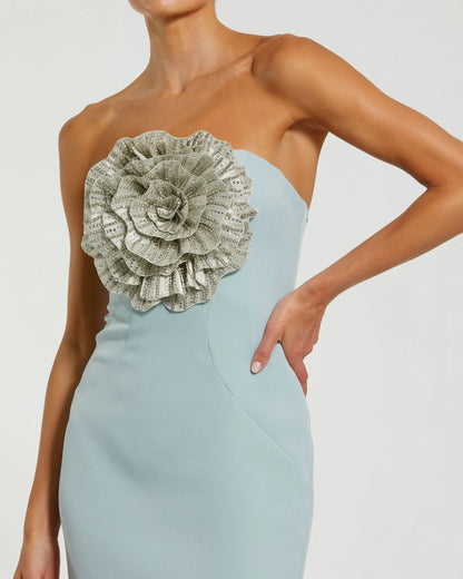 Blue Strapless Crepe Trumpet Gown with 3D Rhinestone Flower