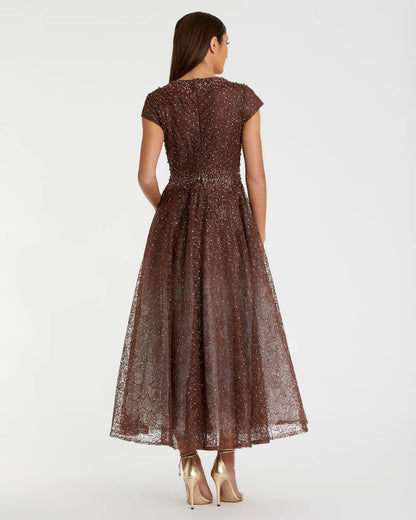 Brown Embellished Cap Sleeve A Line Dress