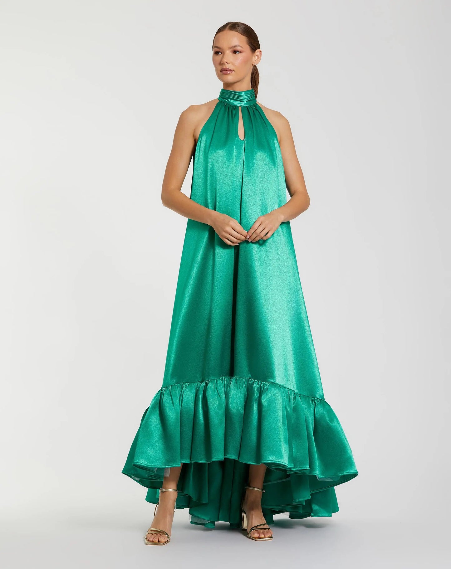 Green Charmeuse Halter High Low Gown