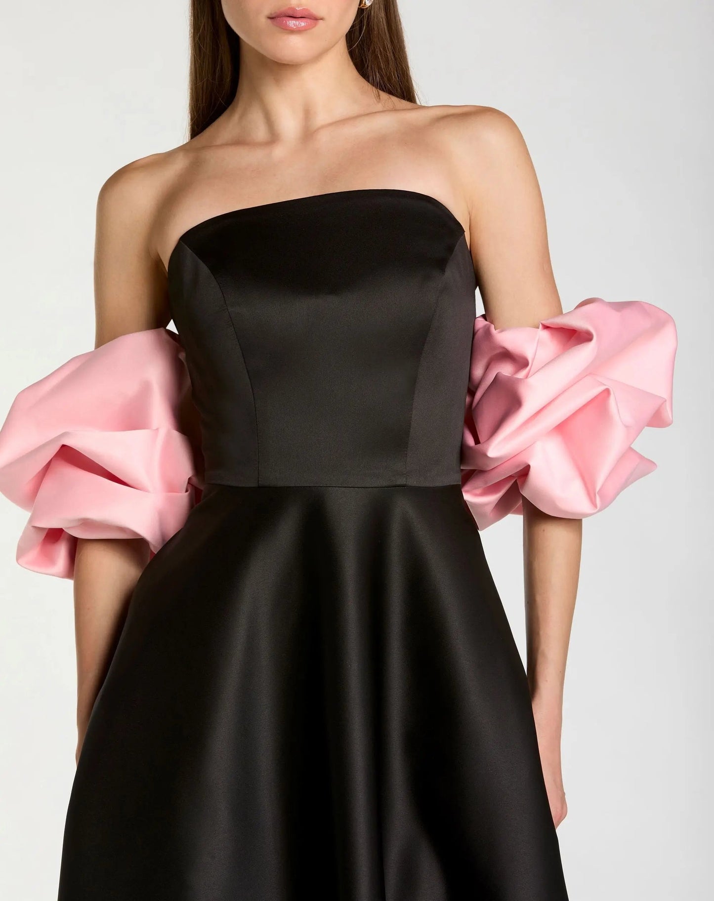Black Satin Ball Gown With Colorblock Puff Sleeves