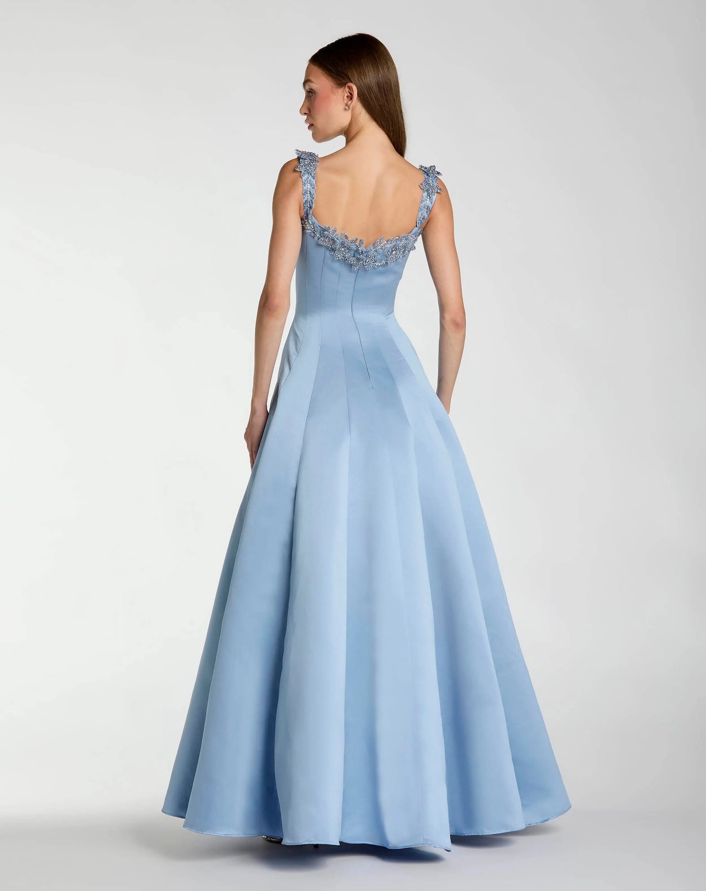 Blue Satin Ball Gown With 3D Embellished Flowers