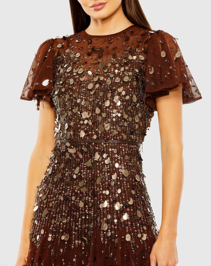 Brown High Neck Flutter Sleeve Embellished Midi Dress