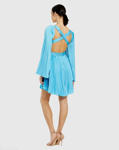 Blue Pleated V-Neck Cutout Long Sleeve Mini Dress