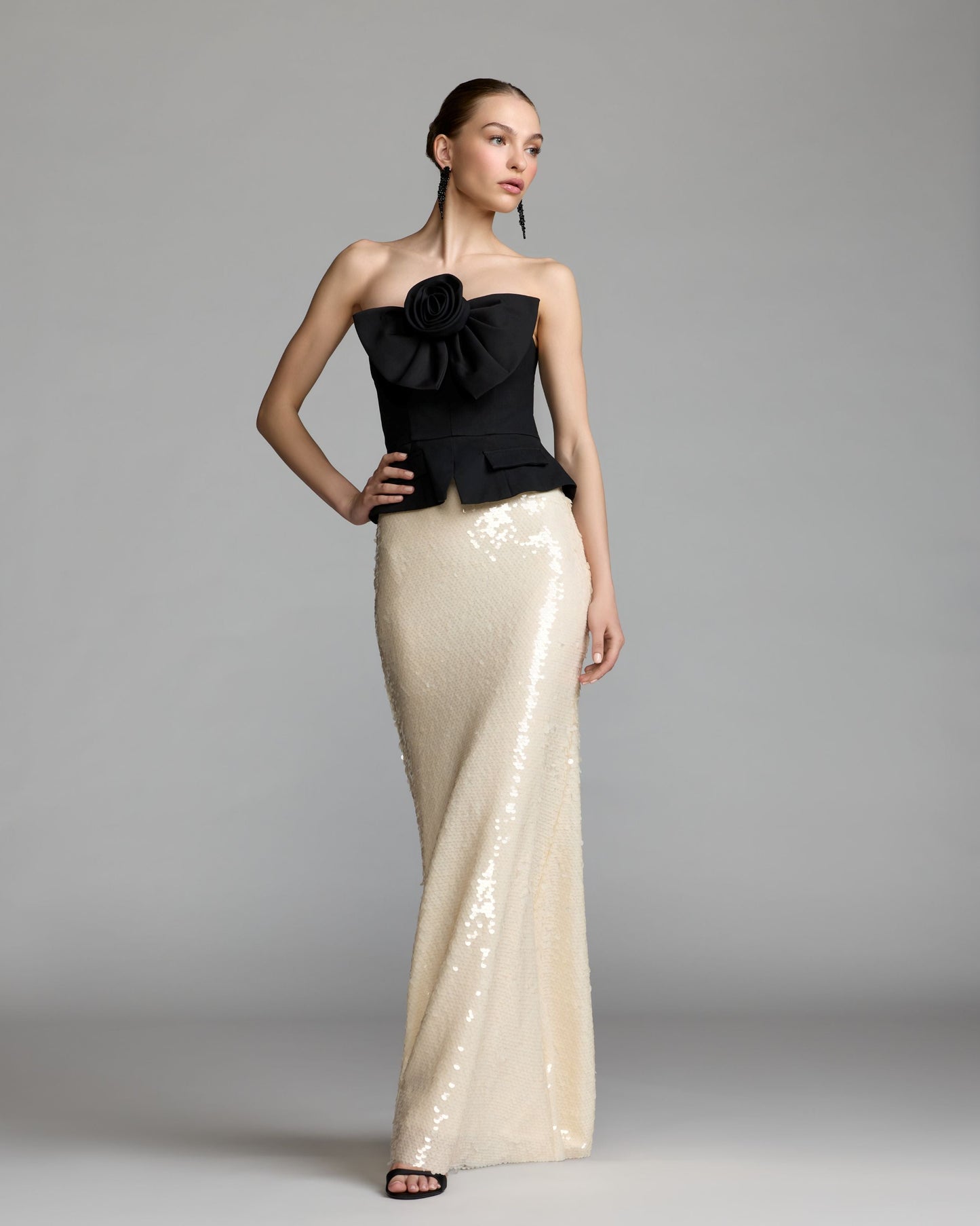 Black and Ivory Strapless Peplum Sequin Evening Gown