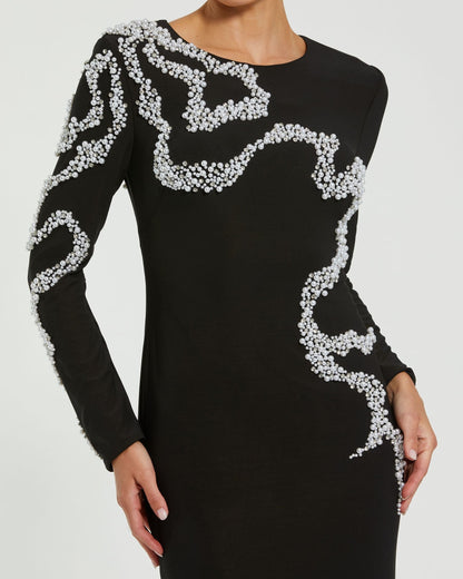 Jersey Evening Gown With Beaded Swirl Detail