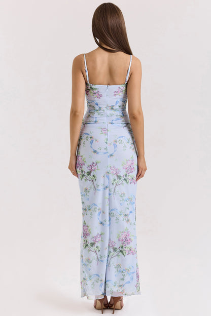 blue floral print mesh maxi dress