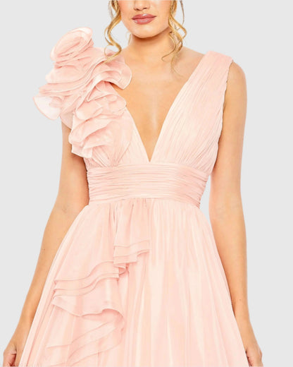 Light Pink Ruffle Shoulder V-Neck Chiffon Gown