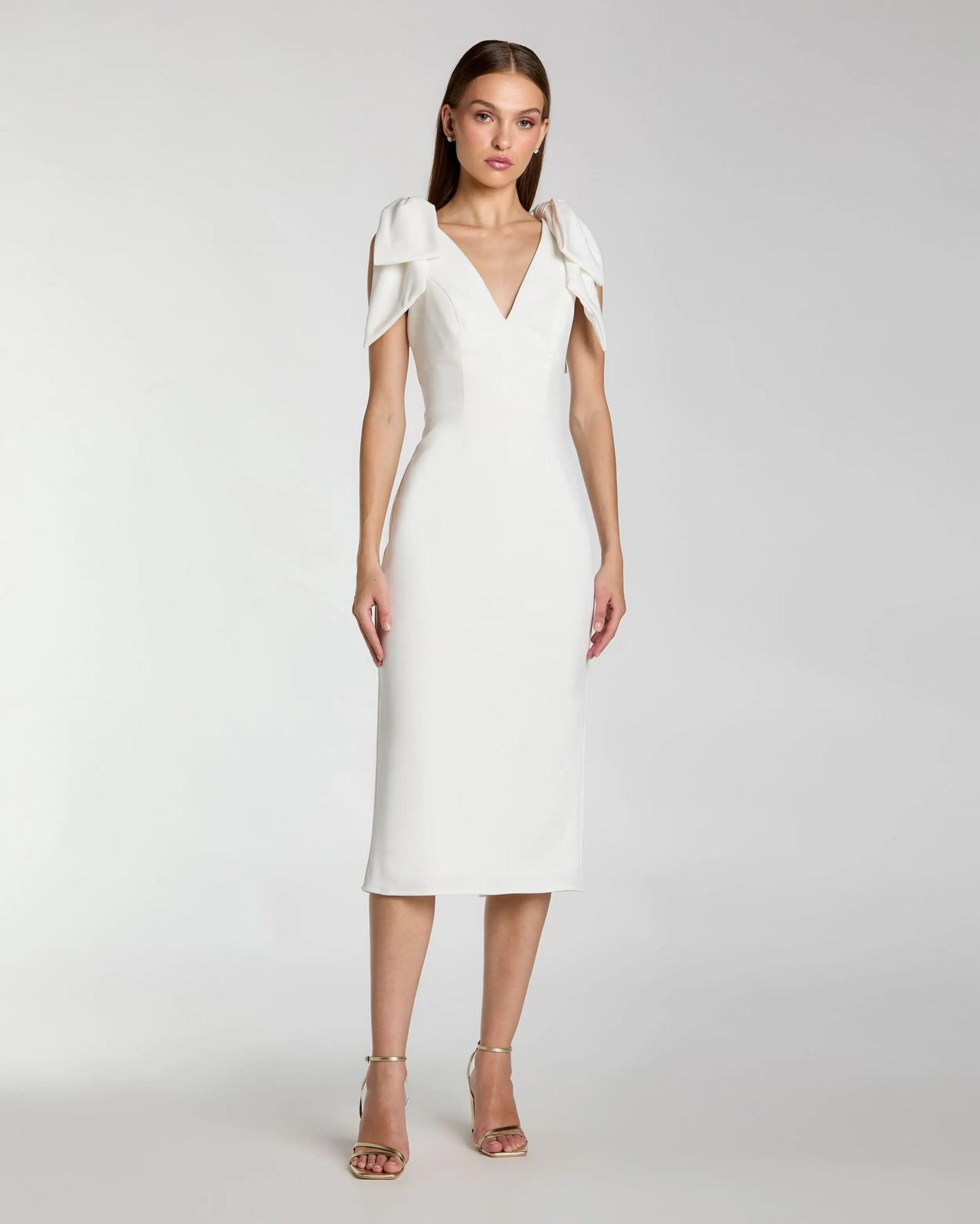 Bow Strap Crepe Fitted Midi Dress