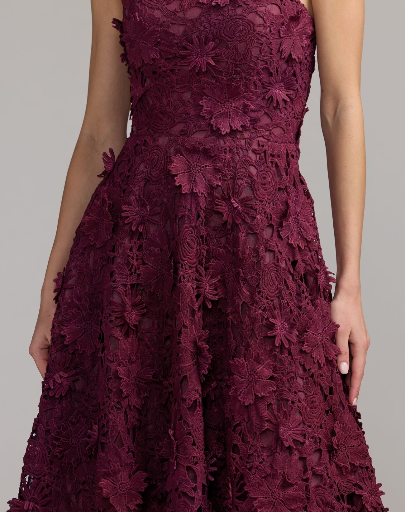 Deep Purple Strapless Floral Embroidered Lace A-Line Dress