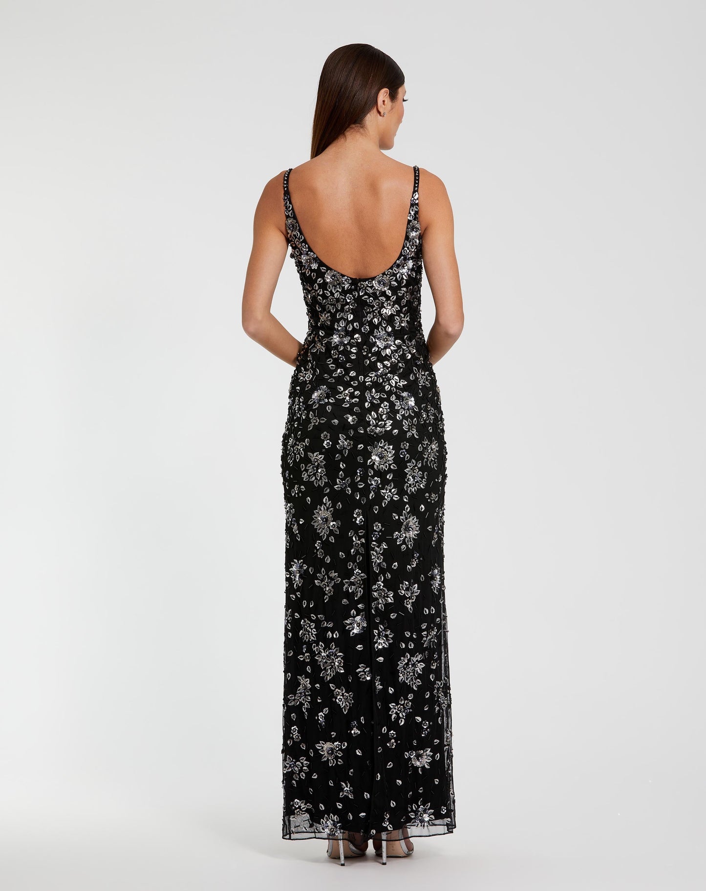 Black Floral Embellished Scoop Neck Evening Gown