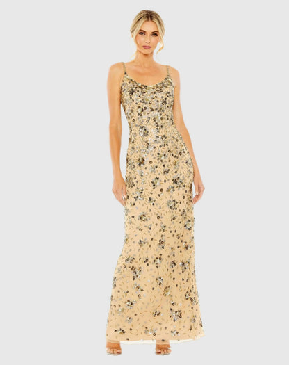 Beige Floral Embellished Scoop Neck Evening Gown - FINAL SALE