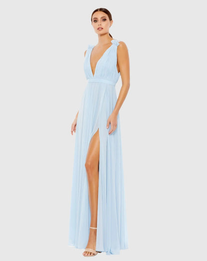 Blue Sleeveless Pleated Chiffon V-Neck Gown