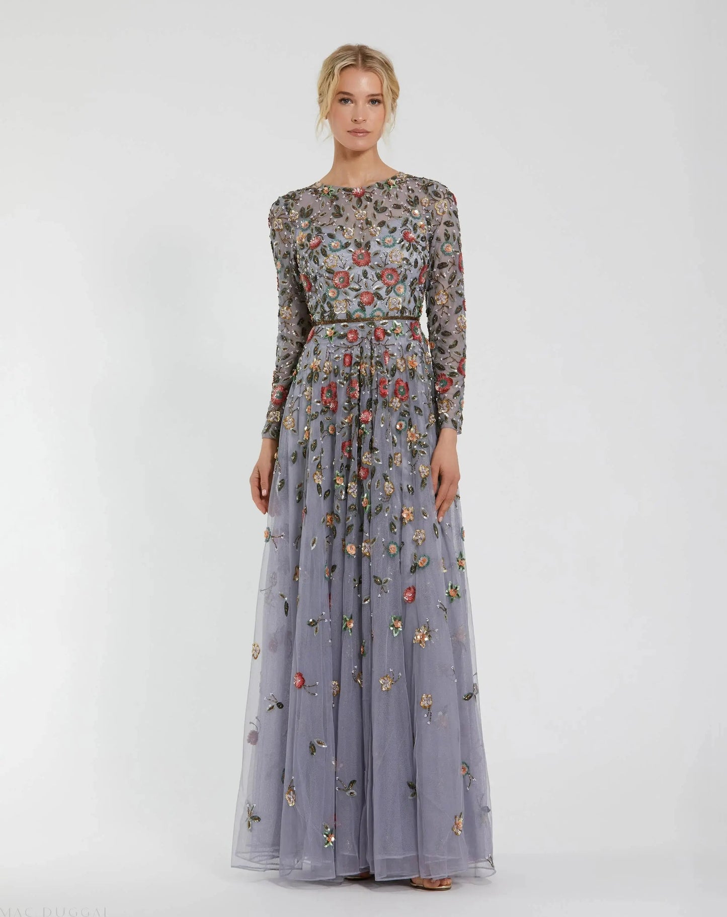 Embellished High Neck Long Sleeve A Line Gown