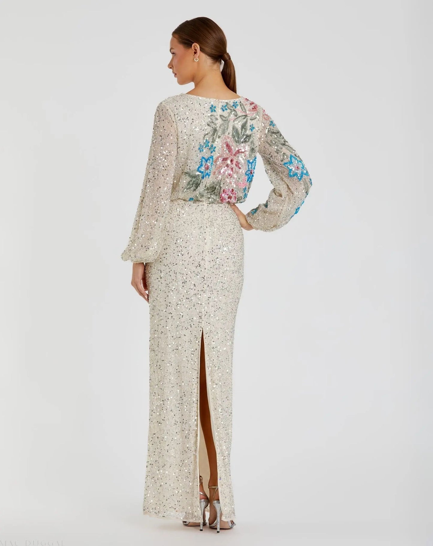 Beige High Neck Long Sleeve Sequin Evening Gown