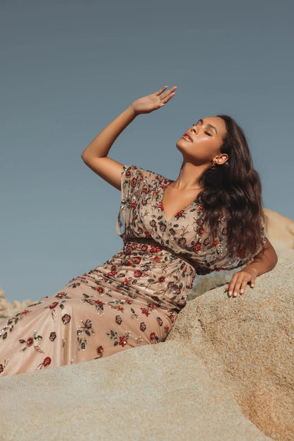 Beige Floral Embellished Short Sleeve Blouson Gown