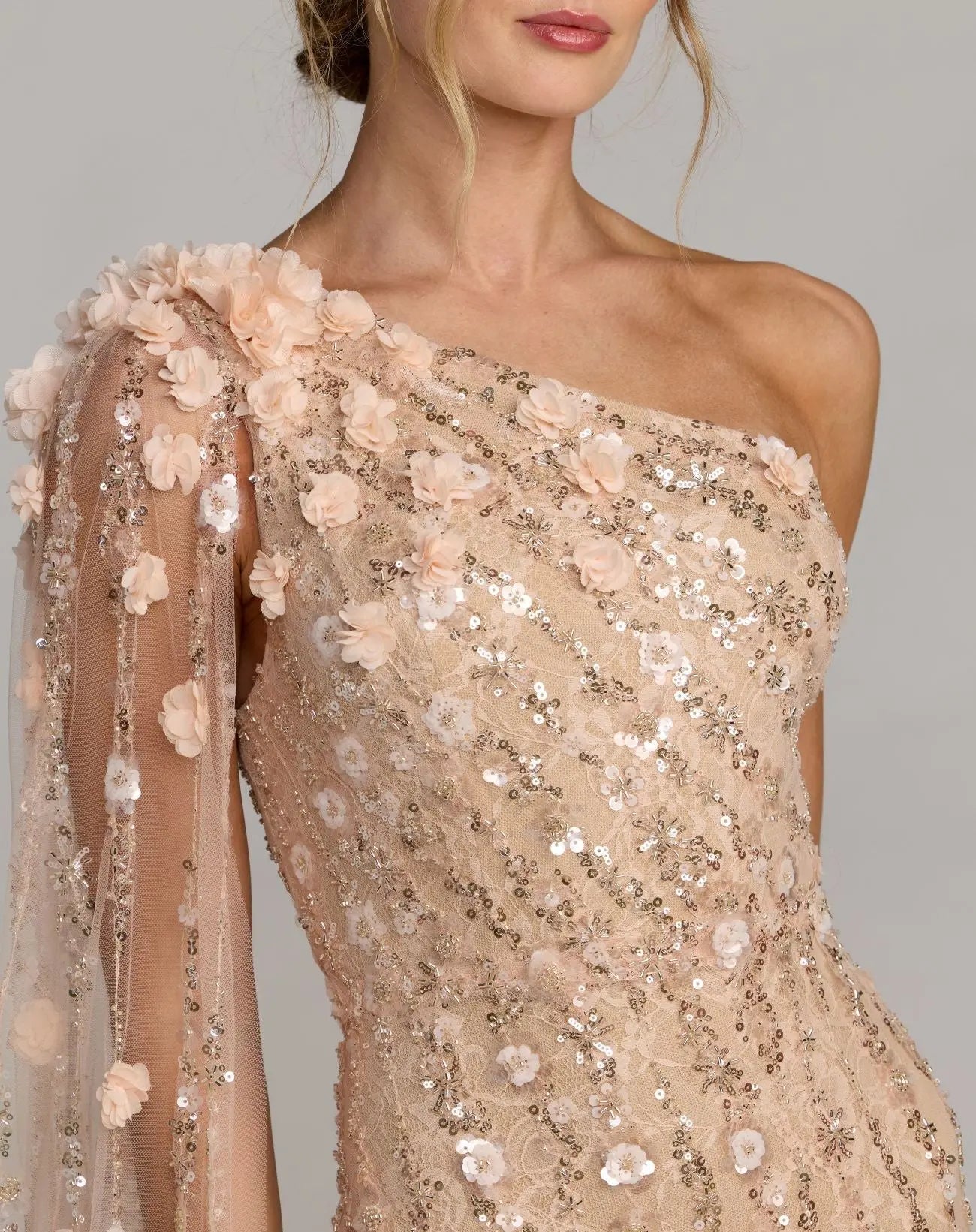 Beige One Shoulder Embellished Gown With Cape Sleeve