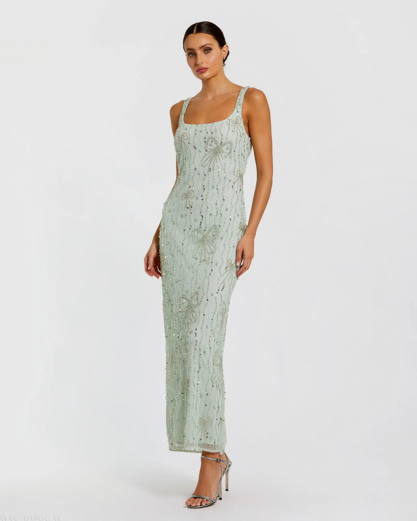 Green Beaded Bow Embellished Midi Dress