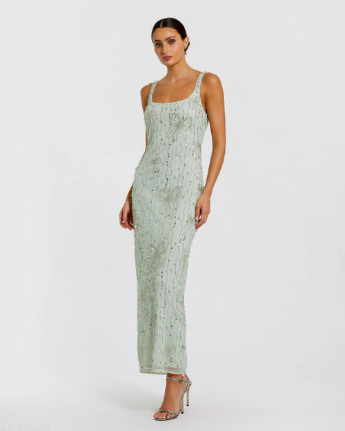 Green Beaded Bow Embellished Midi Dress