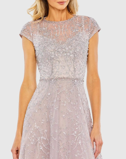Embellished High Neck Cap Sleeve A Line Dress